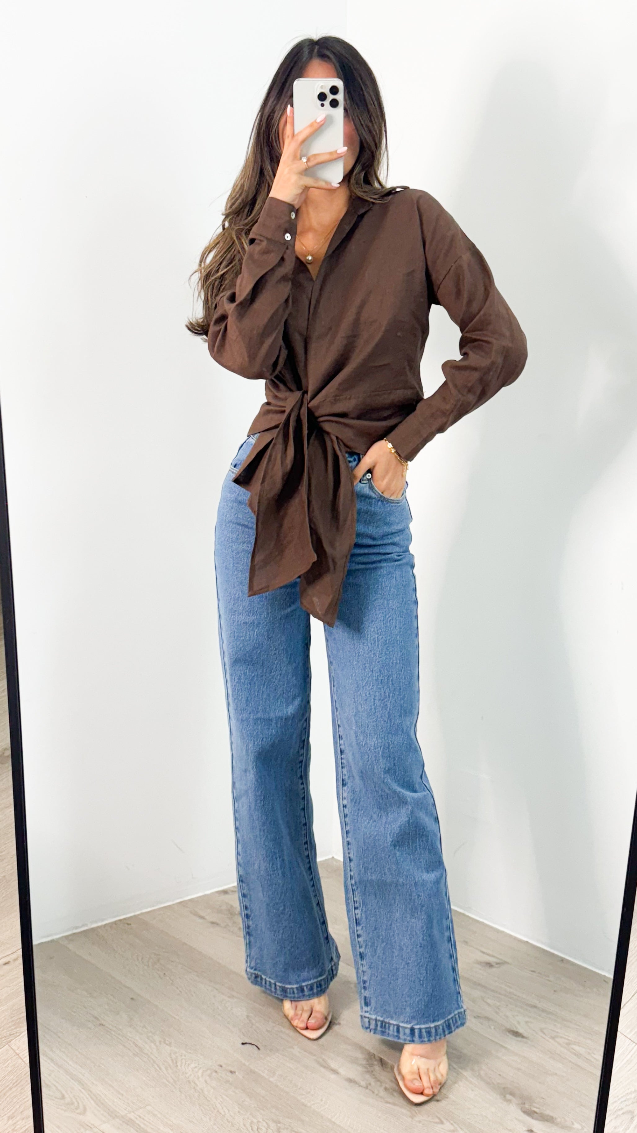 COMO LONG SLEEVE LINEN SHIRT - CHOCOLATE