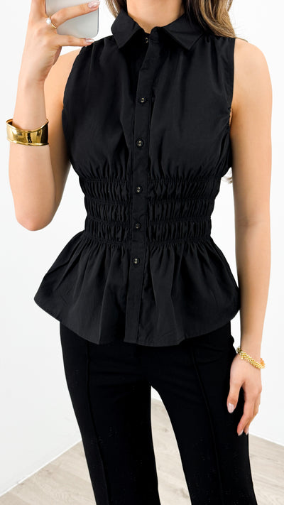 DEMI SHIRRED SHIRT - BLACK