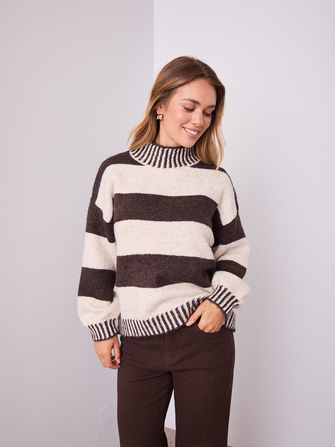 BESSIE BLOCK STRIPE KNIT - CHOCOLATE/OATMEAL