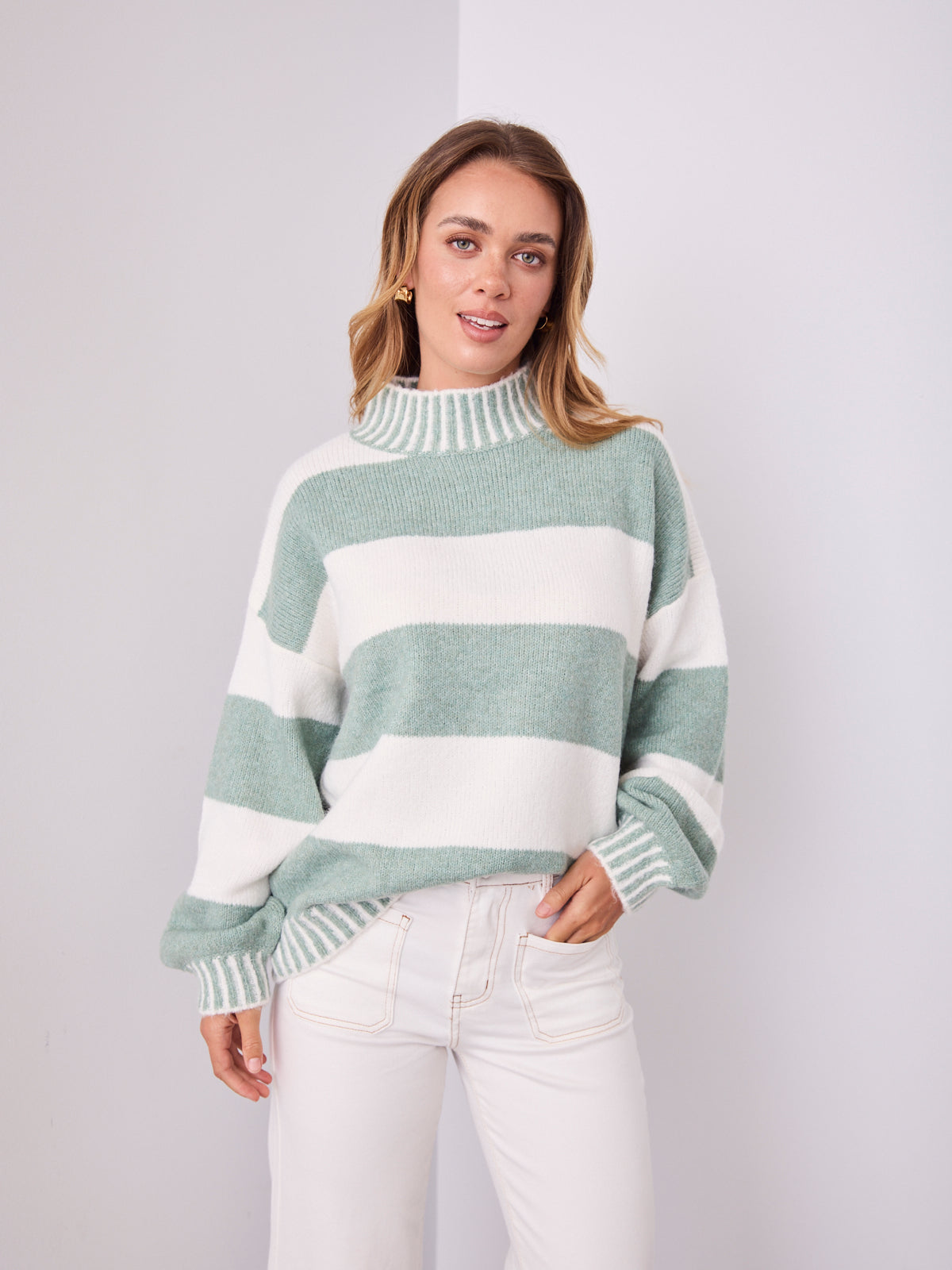 BESSIE BLOCK STRIPE KNIT - SAGE/WHITE