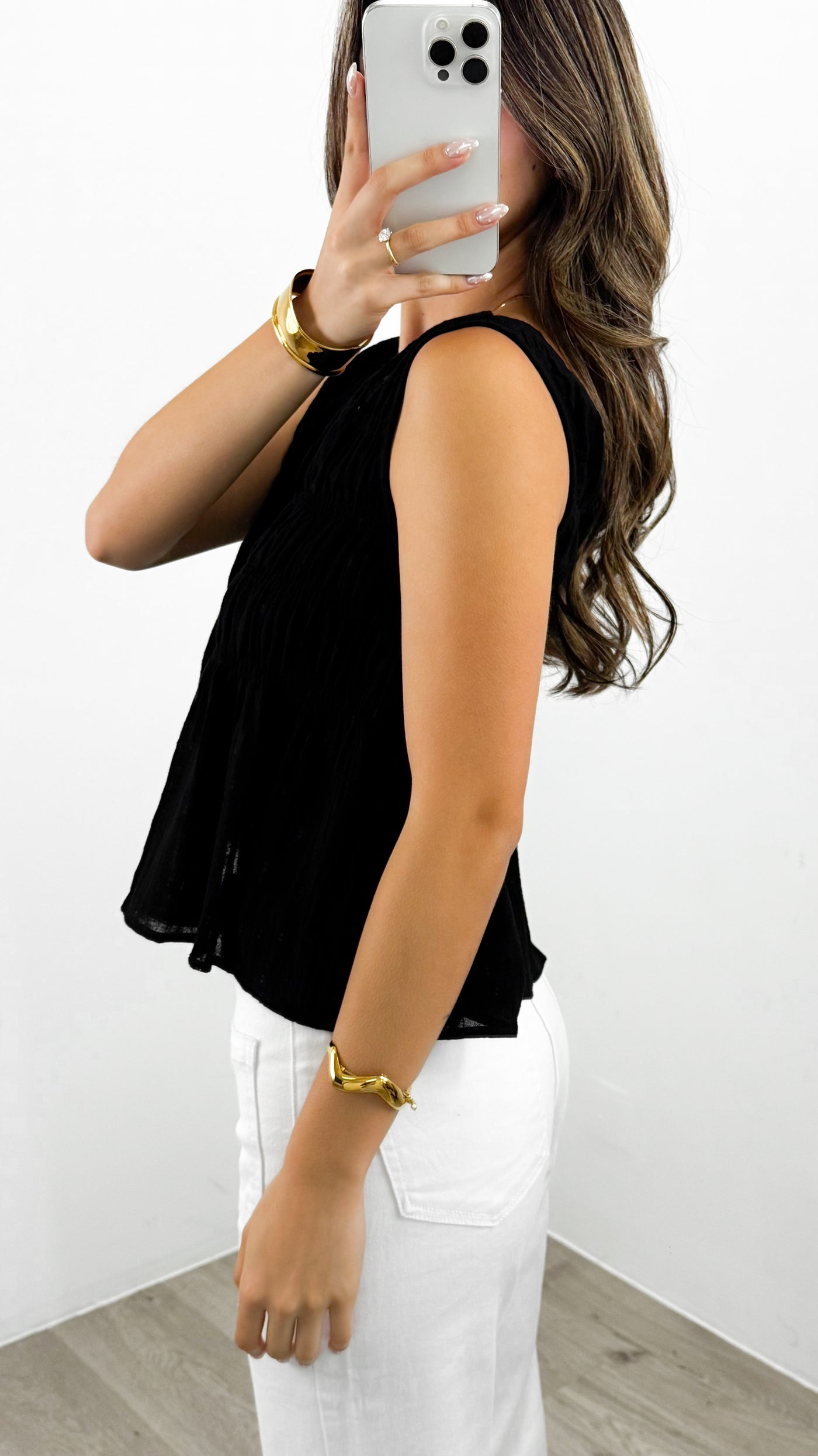 PALIA SHIRRED SINGLET - BLACK