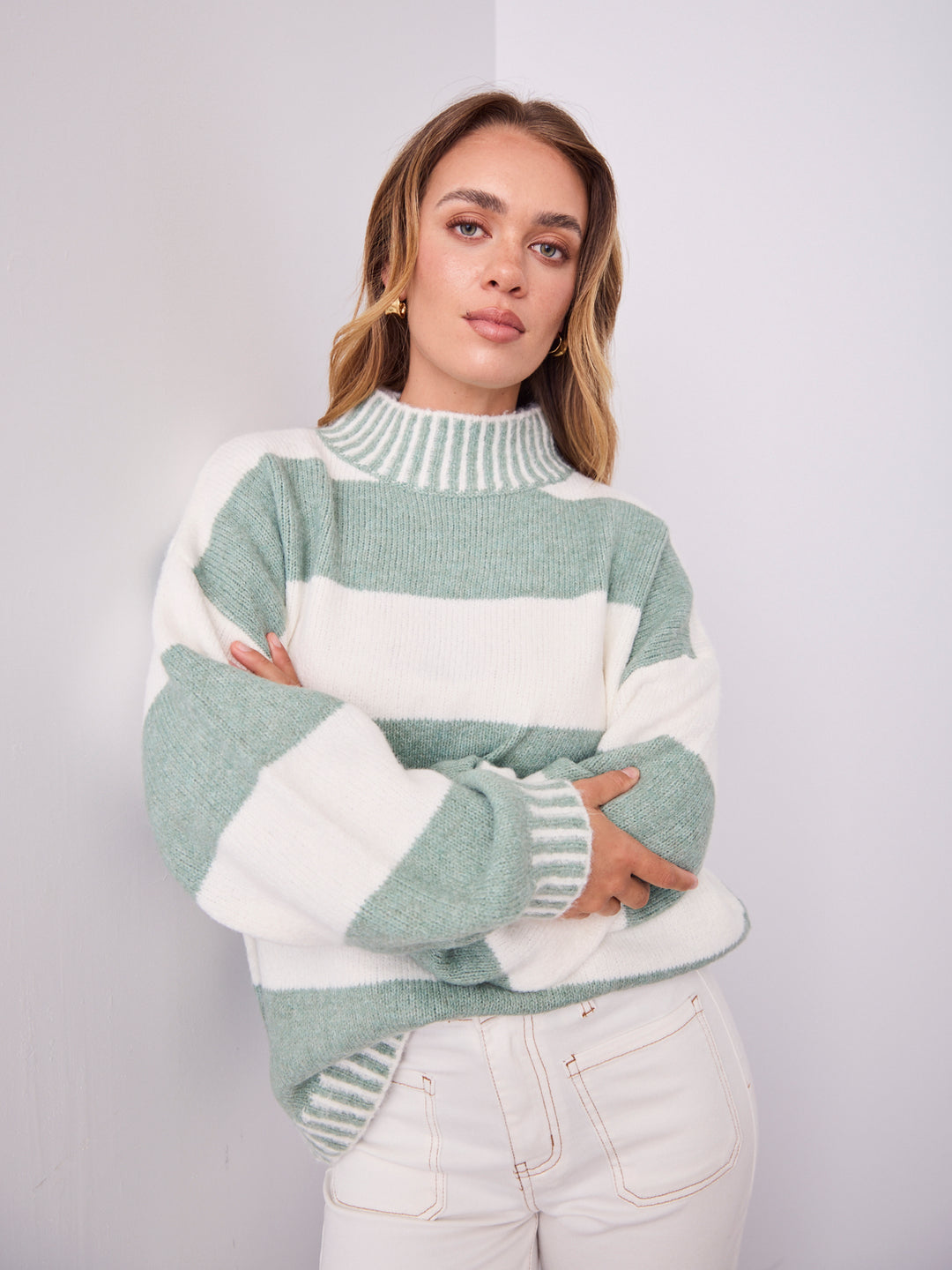 BESSIE BLOCK STRIPE KNIT - SAGE/WHITE