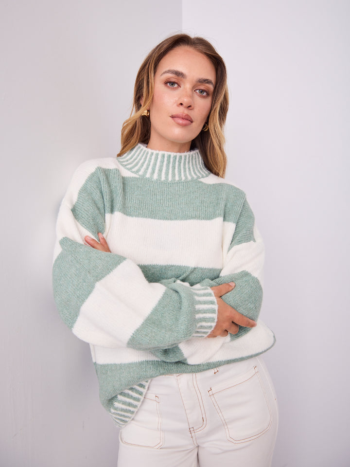BESSIE BLOCK STRIPE KNIT - SAGE/WHITE