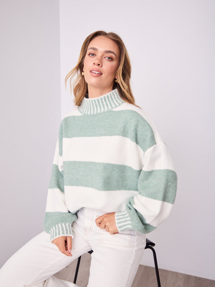 BESSIE BLOCK STRIPE KNIT - SAGE/WHITE