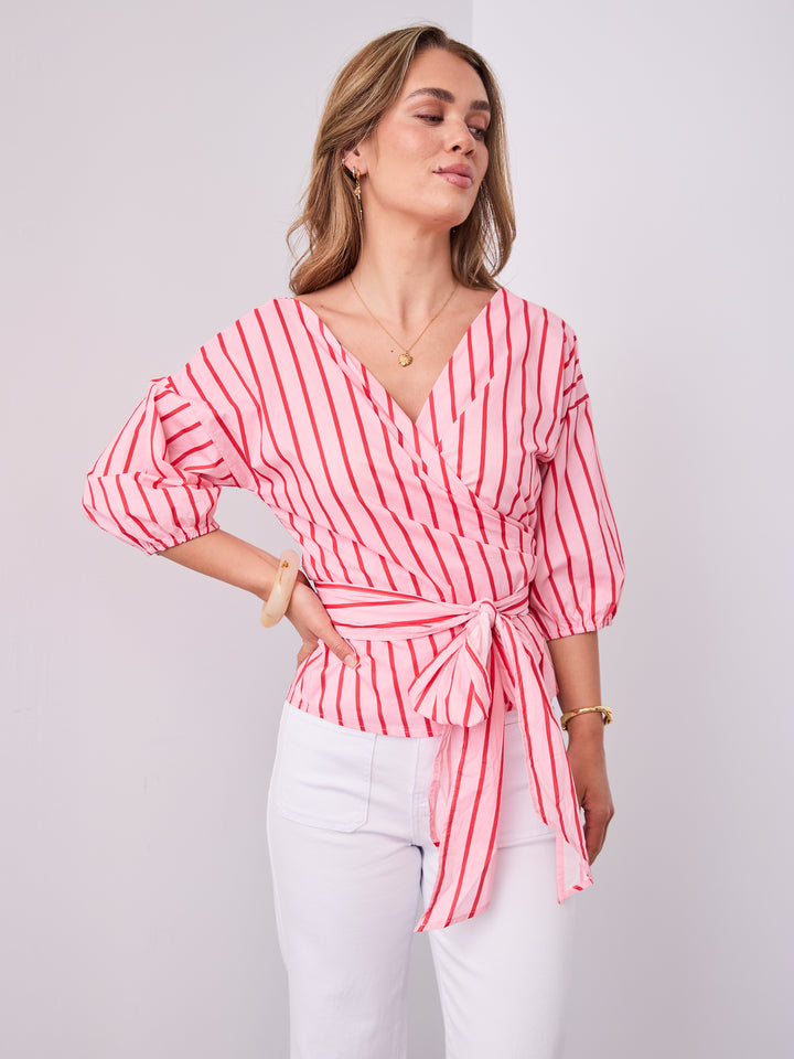 CANDICE STRIPE WRAP SHIRT - PINK