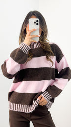 BESSIE BLOCK STRIPE KNIT - CHOCOLATE/PINK
