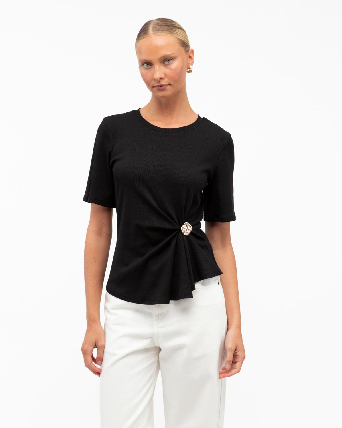 STACEY RIBBED T-SHIRT TOP - BLACK