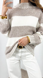 BESSIE BLOCK STRIPE KNIT - MOCHA/WHITE