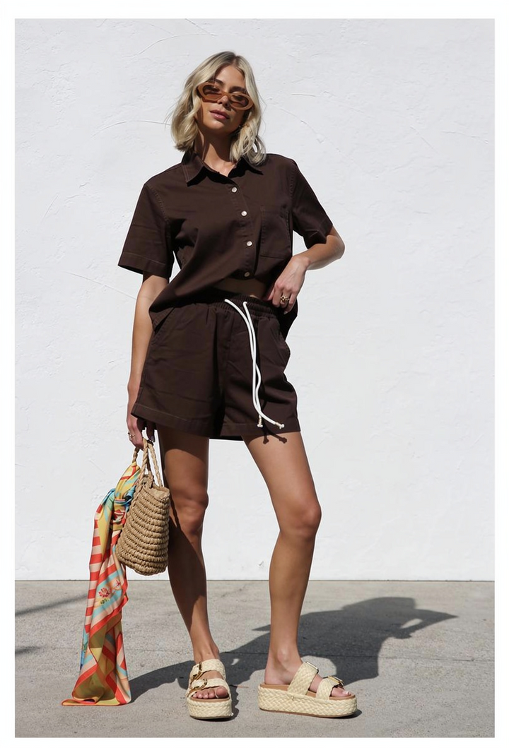 BARNEY DENIM SHIRT & SHORT SET - CHOCOLATE
