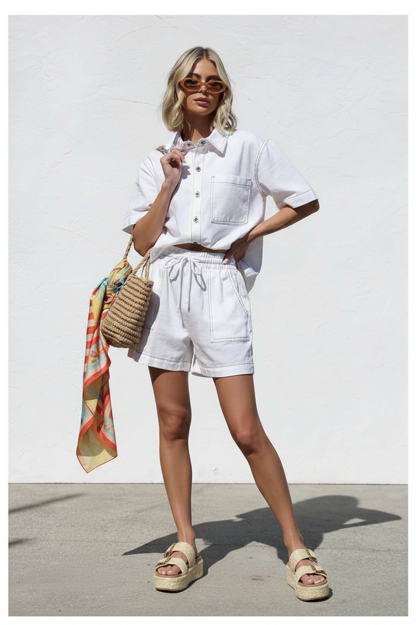 BARNEY DENIM SHIRT & SHORT SET - WHITE