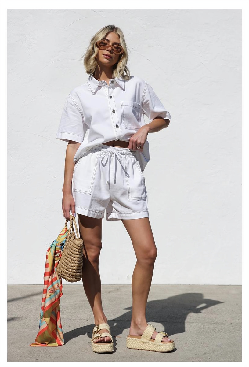 BARNEY DENIM SHIRT & SHORT SET - WHITE