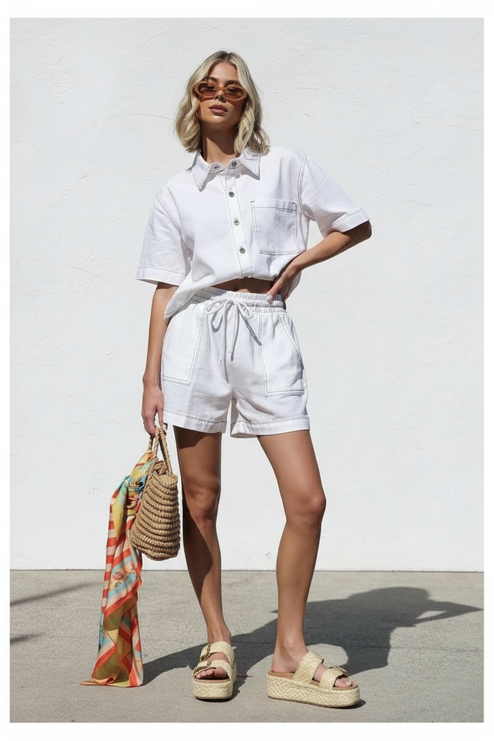 BARNEY DENIM SHIRT & SHORT SET - WHITE