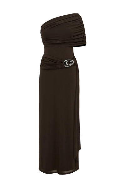 KASSI ONE SHOULDER MIDI DRESS - BITTER CHOCOLATE