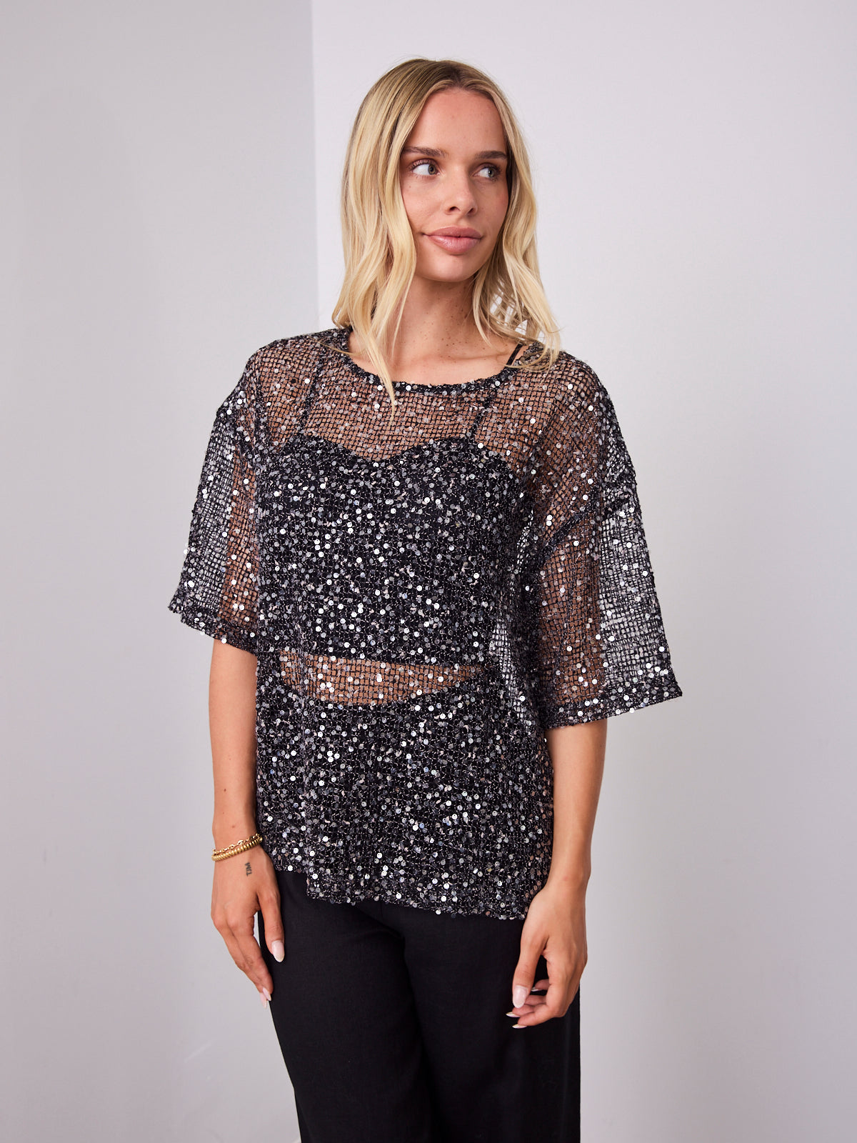 TIA OVERSIZED SEQUIN TOP - BLACK