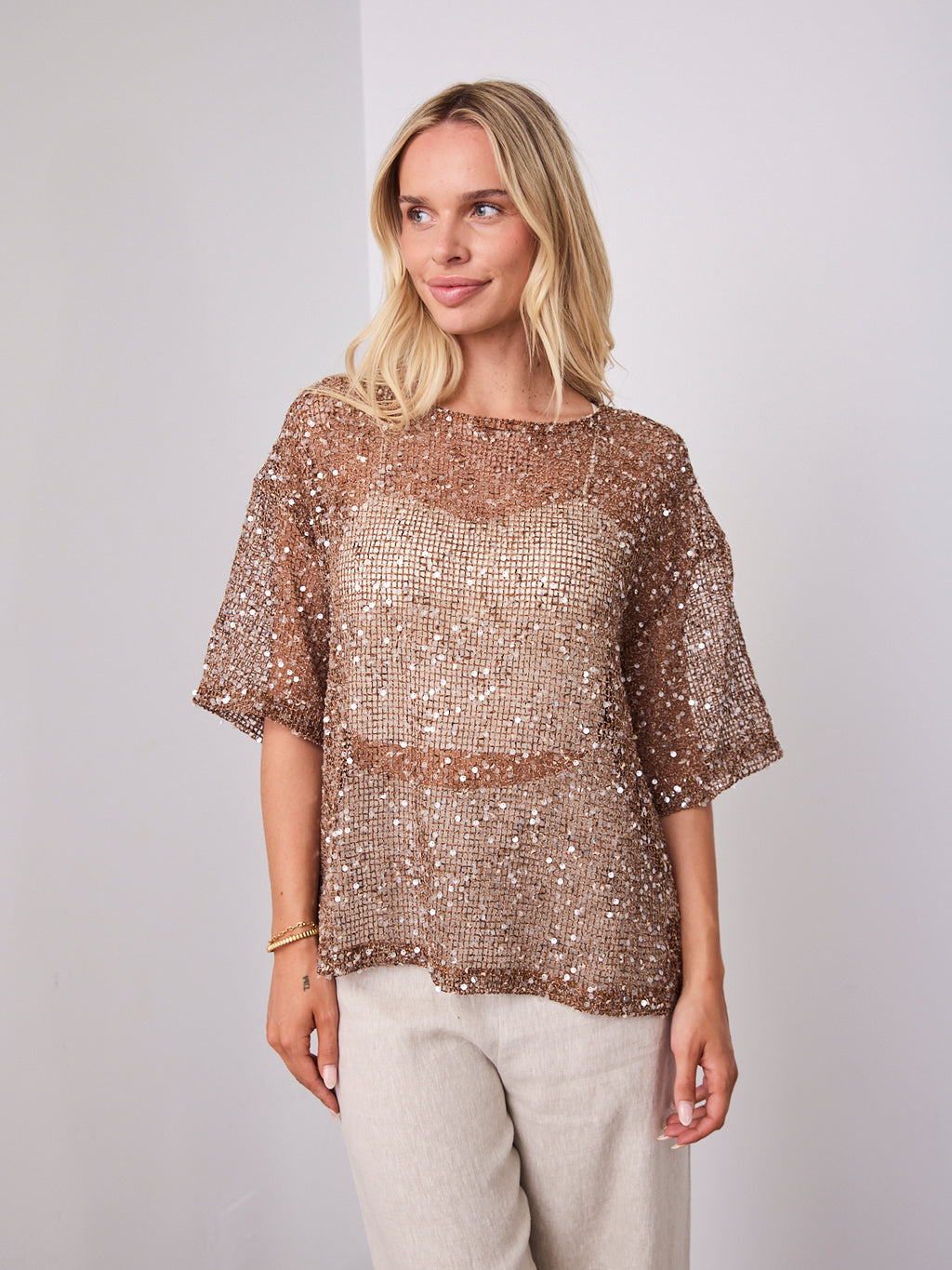 TIA OVERSIZED SEQUIN TOP - COCOA