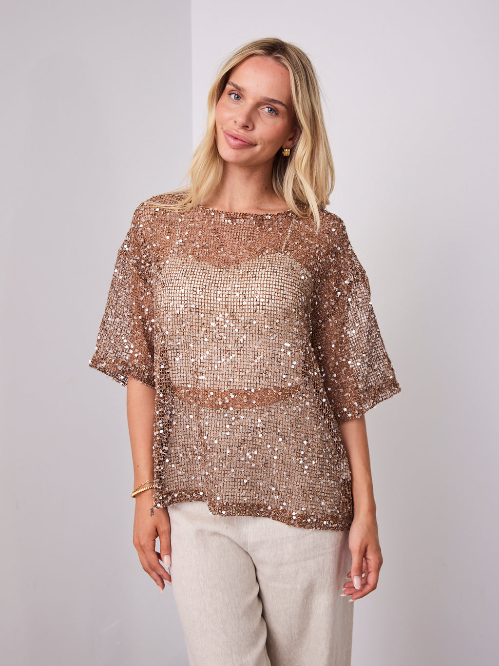 TIA OVERSIZED SEQUIN TOP - COCOA