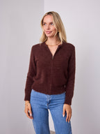 DOMINIQUE ZIP FLUFFY KNIT - CHOCOLATE