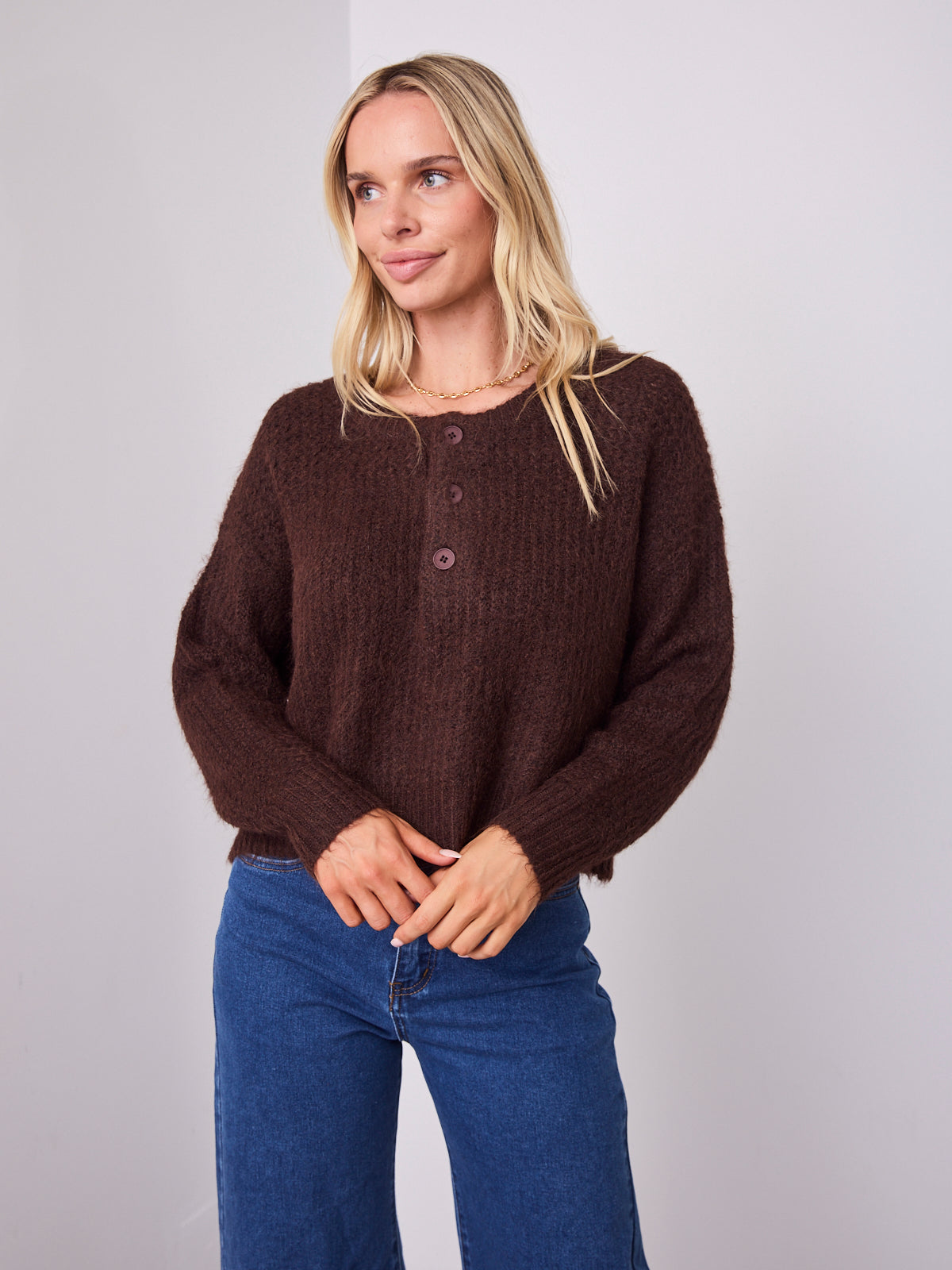 KIRA BUTTON KNIT - CHOCOLATE