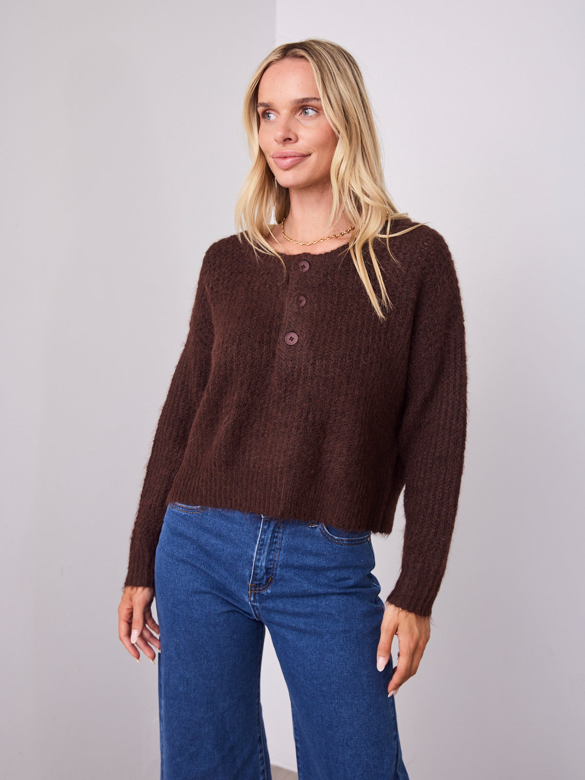 KIRA BUTTON KNIT - CHOCOLATE