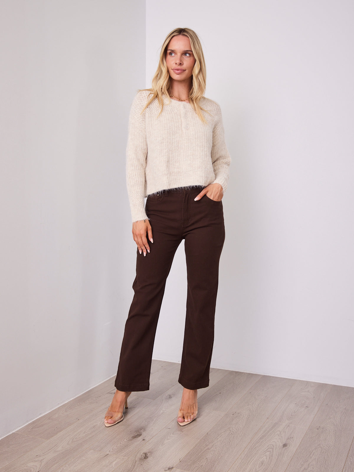 KIRA BUTTON KNIT - LIGHT BEIGE