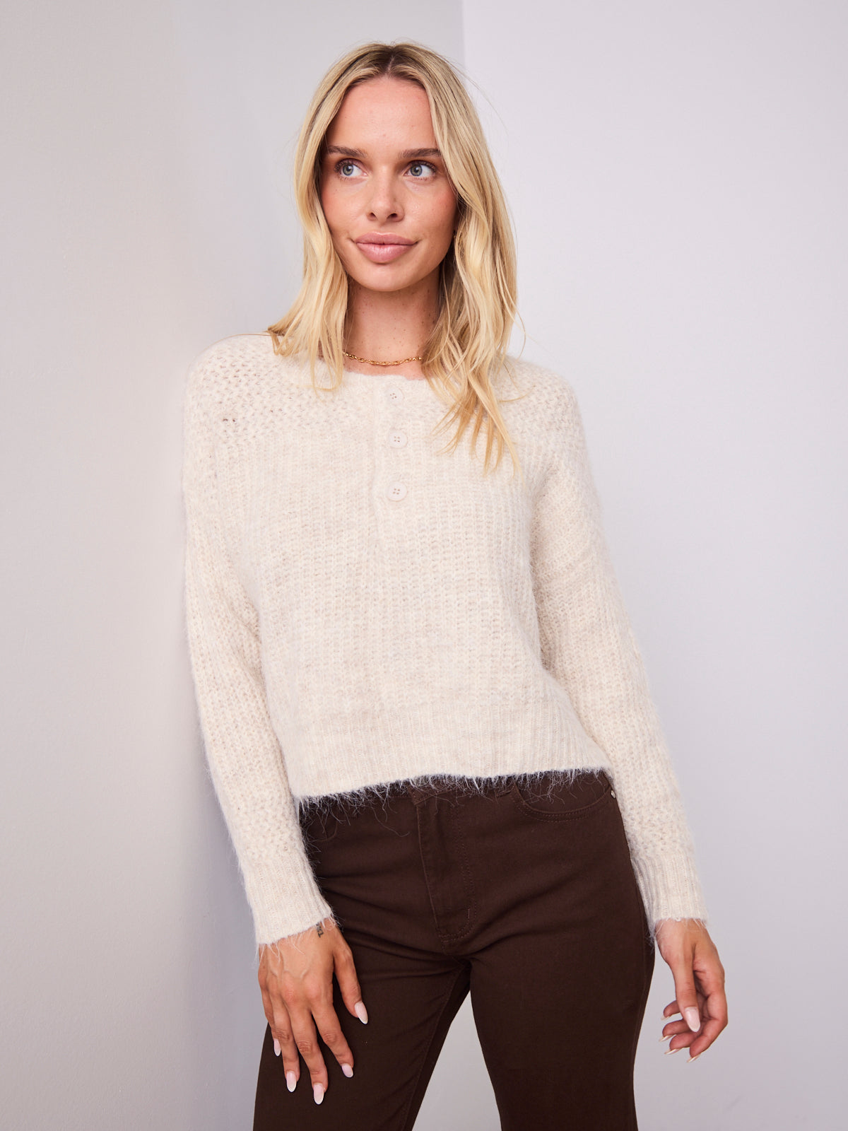KIRA BUTTON KNIT - LIGHT BEIGE