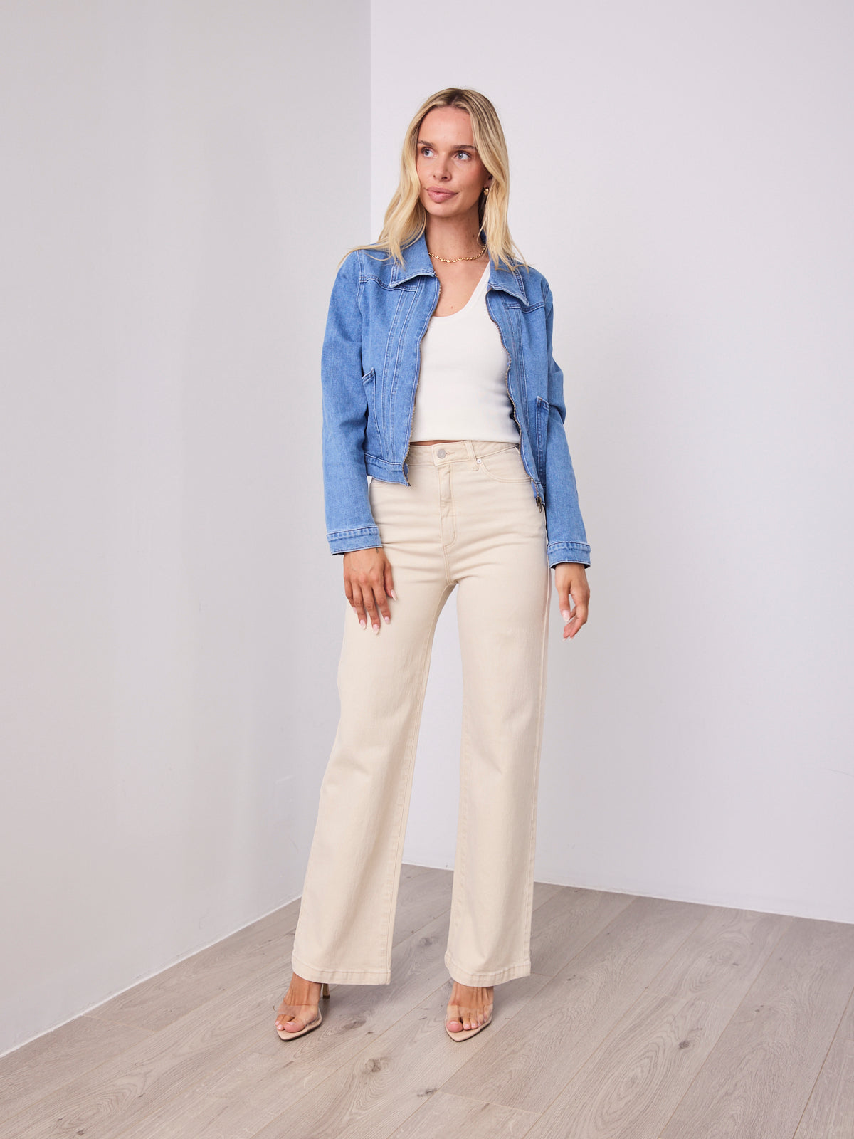 LEO ZIP DENIM JACKET - MID BLUE