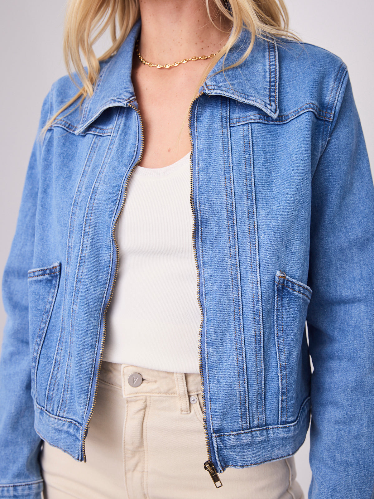 LEO ZIP DENIM JACKET - MID BLUE