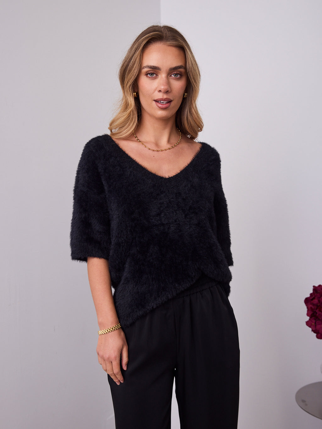 ESTA DEEP V NECK KNIT TOP - BLACK