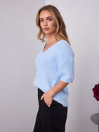 ESTA DEEP V NECK KNIT TOP - BLUE