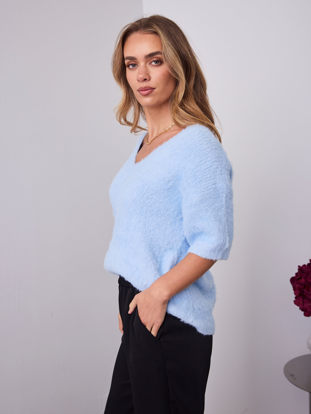 ESTA DEEP V NECK KNIT TOP - BLUE