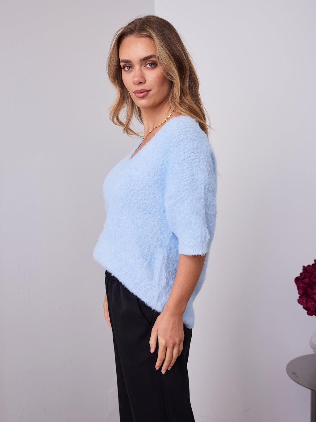 ESTA DEEP V NECK KNIT TOP - BLUE