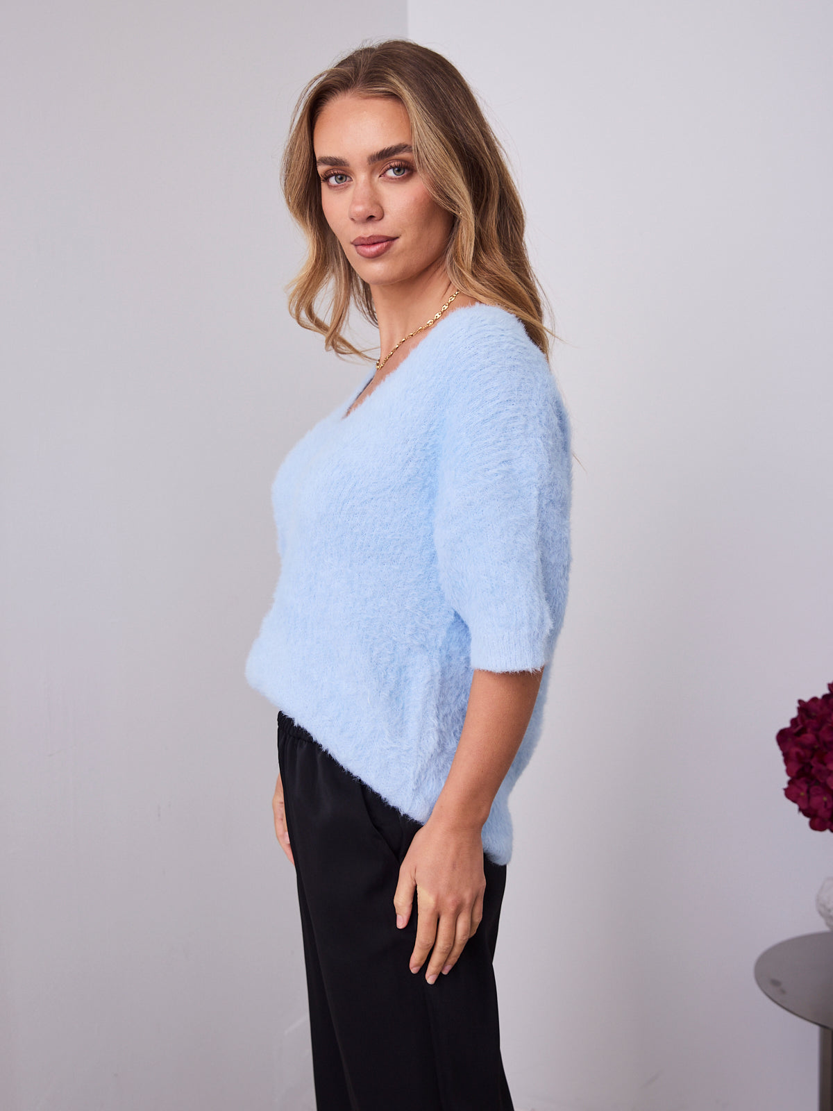 ESTA DEEP V NECK KNIT TOP - BLUE