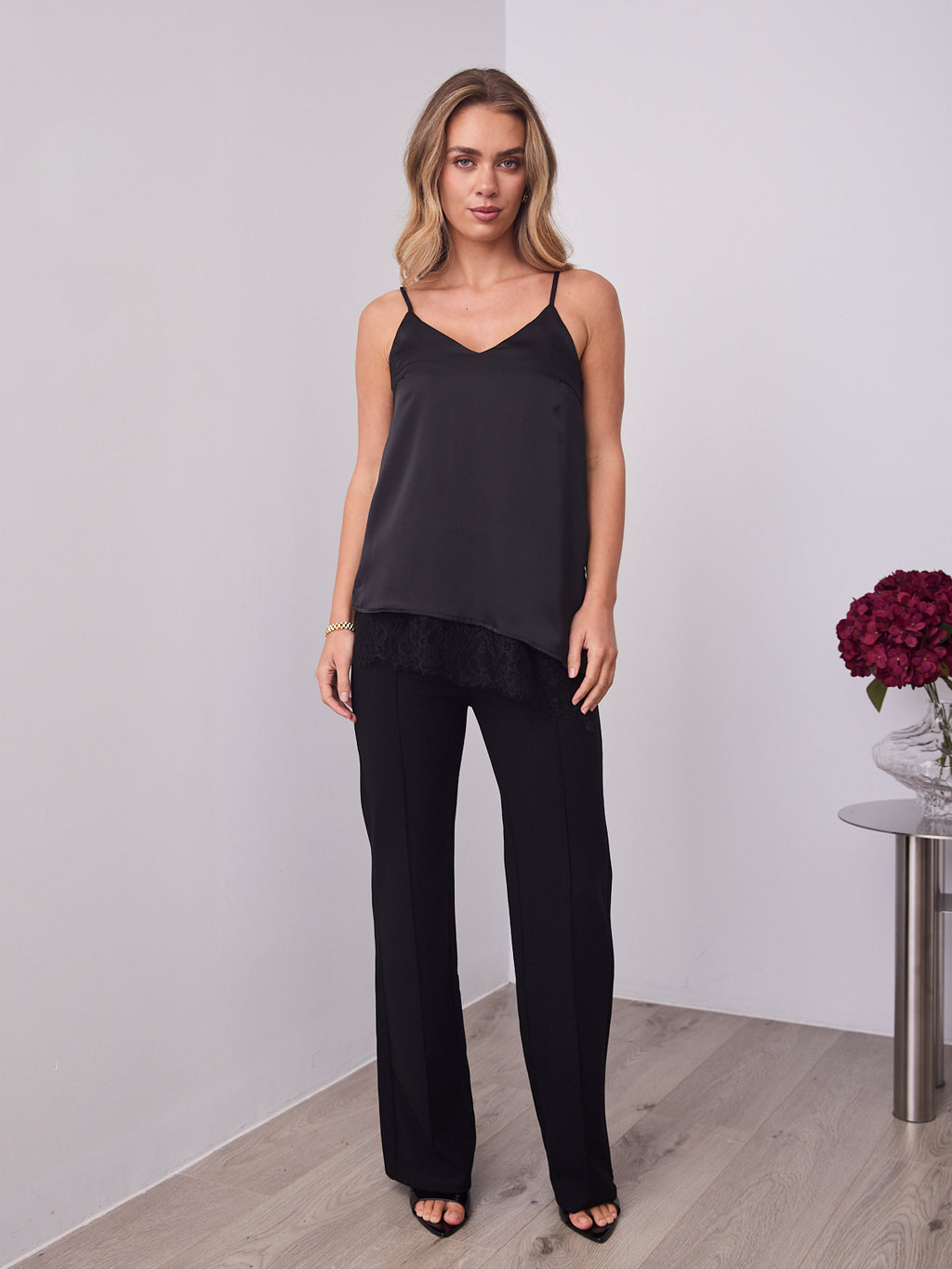 ALICE SATIN & LACE CAMI - BLACK