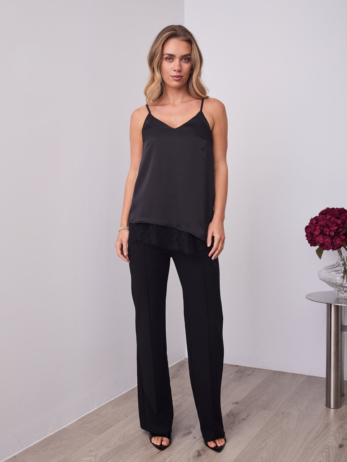 ALICE SATIN & LACE CAMI - BLACK
