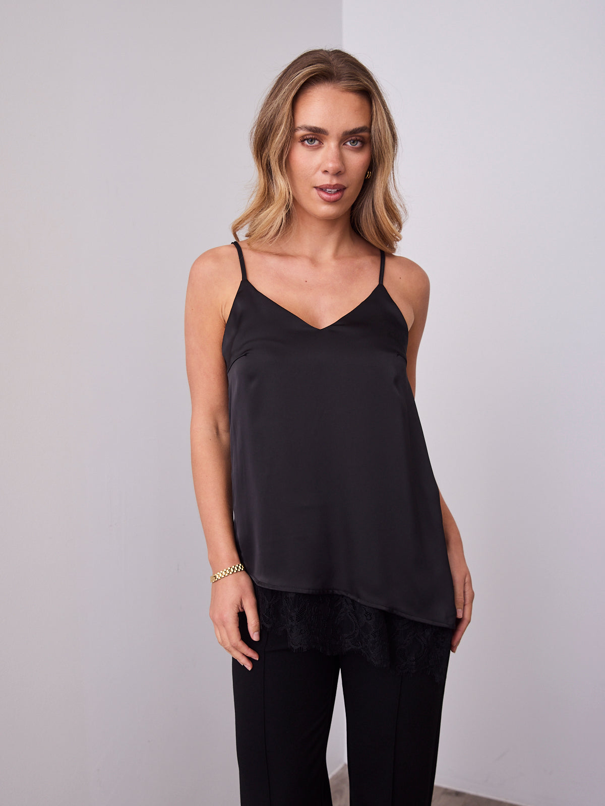 ALICE SATIN & LACE CAMI - BLACK