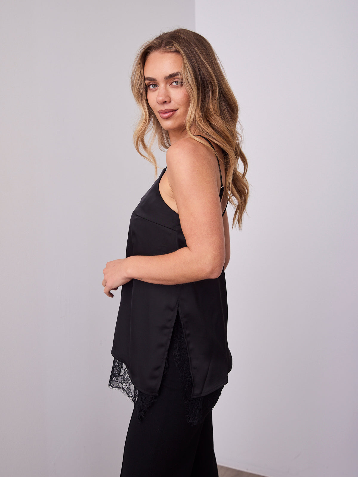 ALICE SATIN & LACE CAMI - BLACK