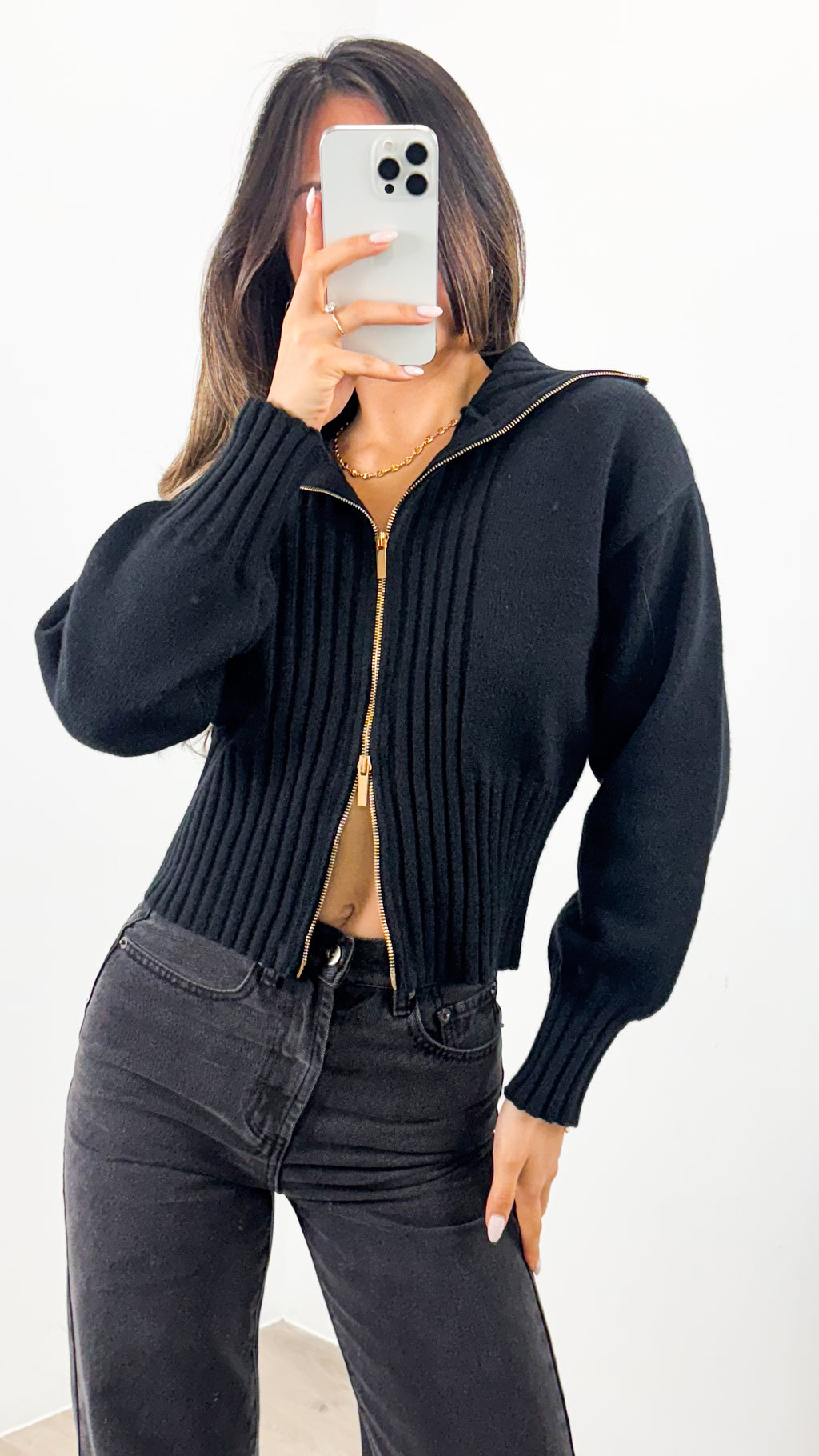 NERO TWO WAY ZIP KNIT - BLACK