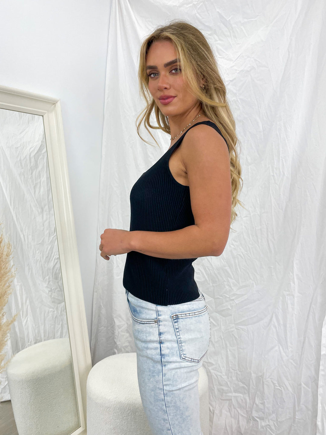 STASSI RIBBED SQUARE NECK TANK - BLACK