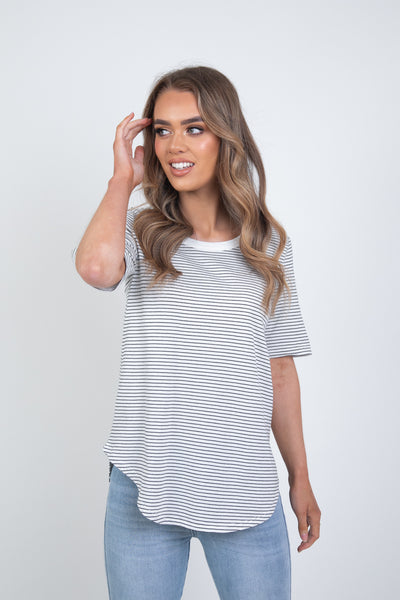 'BETTY BASICS' ARIANA TEE - WHITE/ BLACK STRIPE